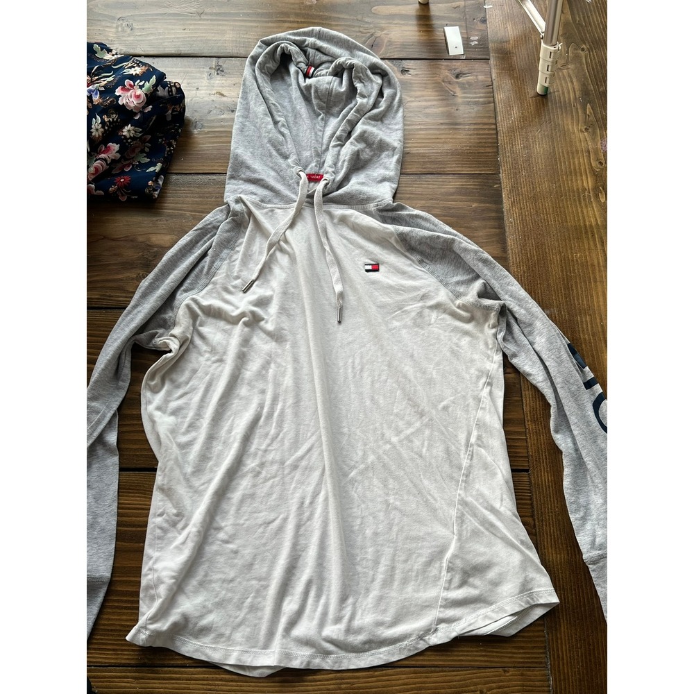 Tommy Hilfiger Sport Womens Raglan Hoodie Grey White Logo Graphic Pullover L